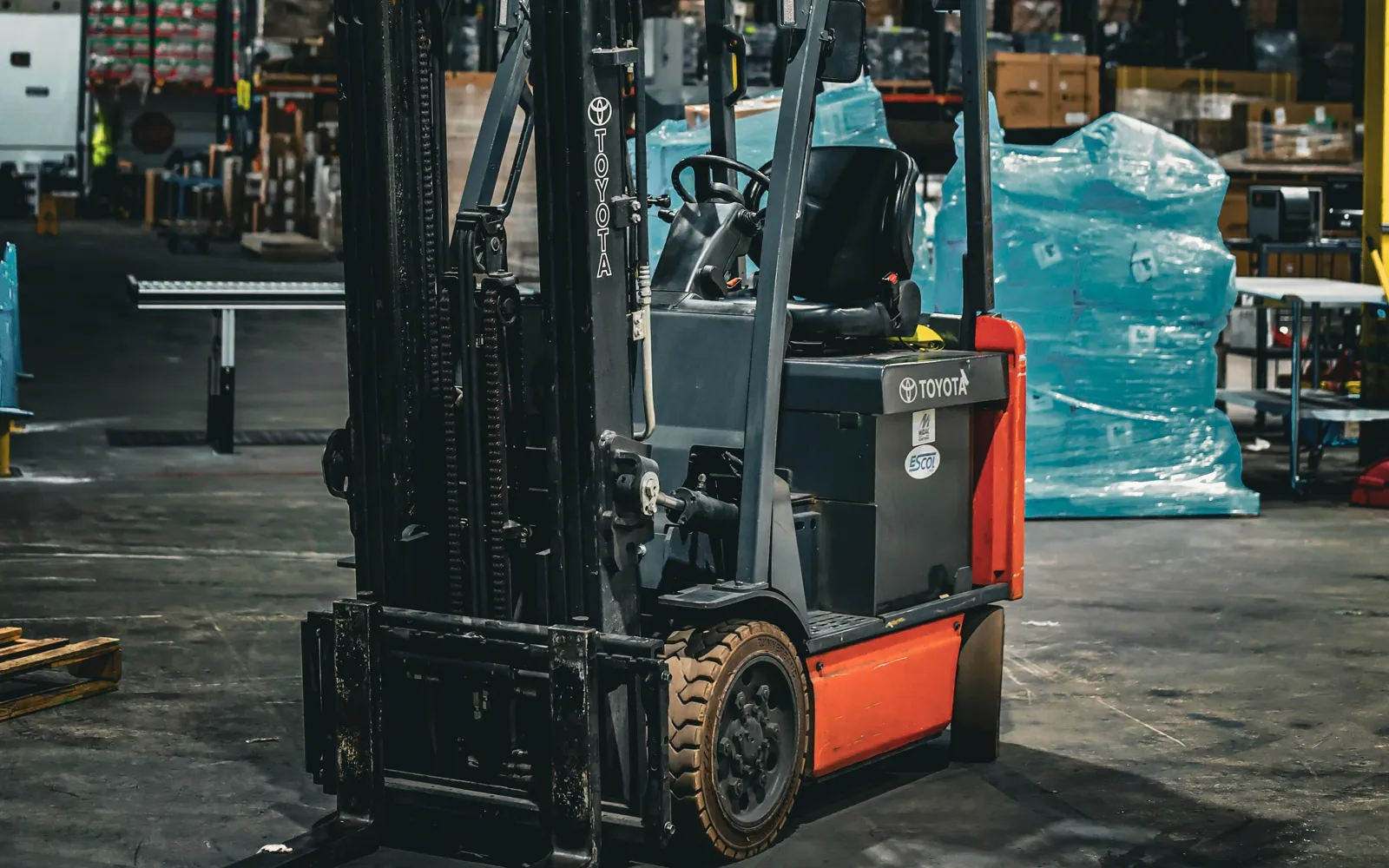 Used Toyota electric counterbalanced forklift in a Central PA warehouse