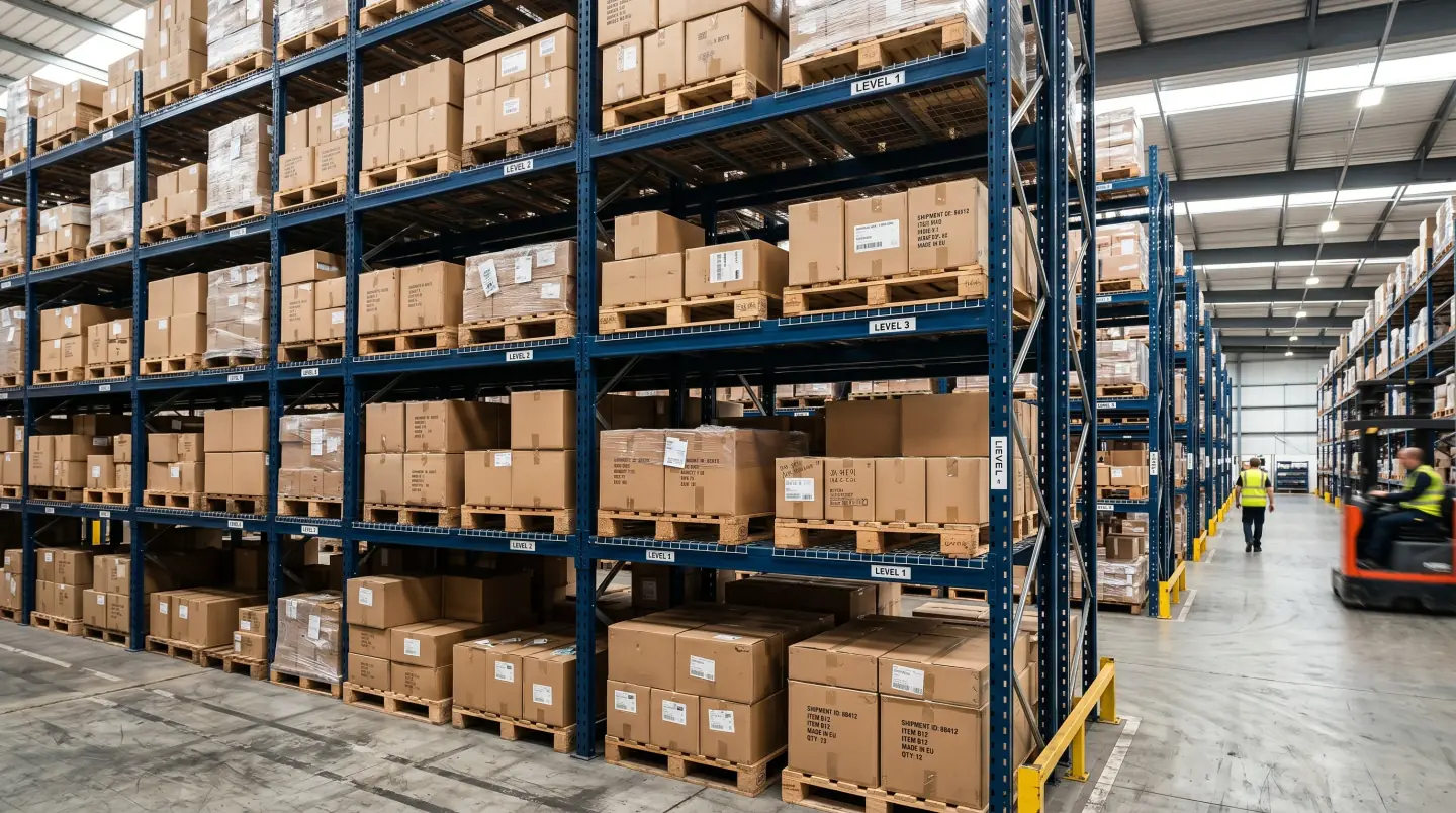 Surplus pallet racking being assessed for buyback in a Central PA warehouse