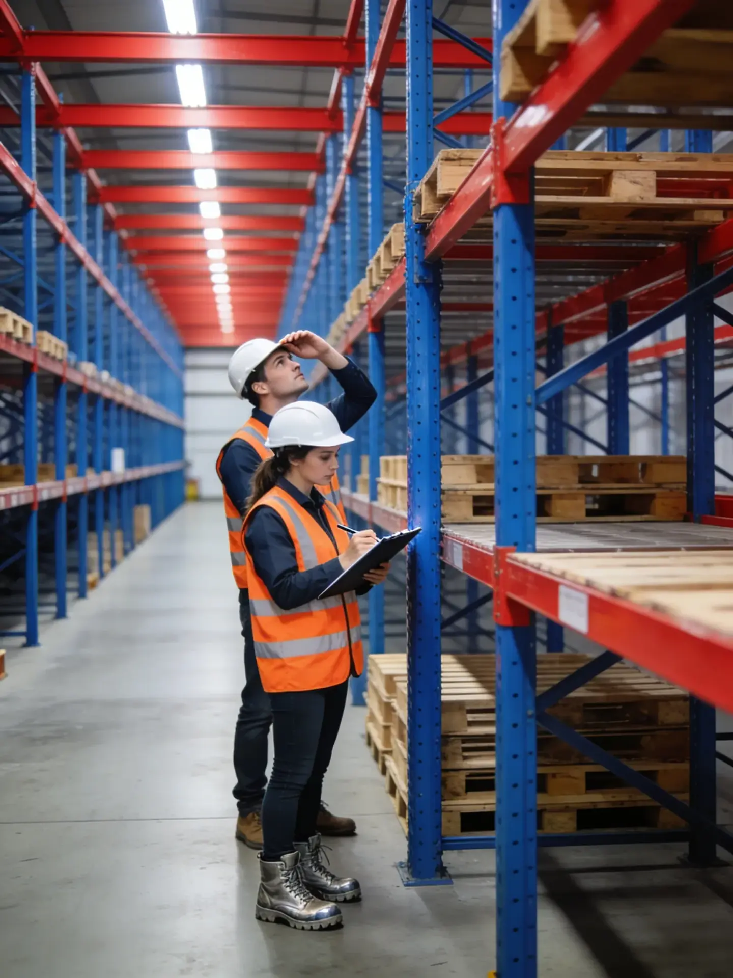 Used pallet racking components being inspected and graded before resale in Central PA